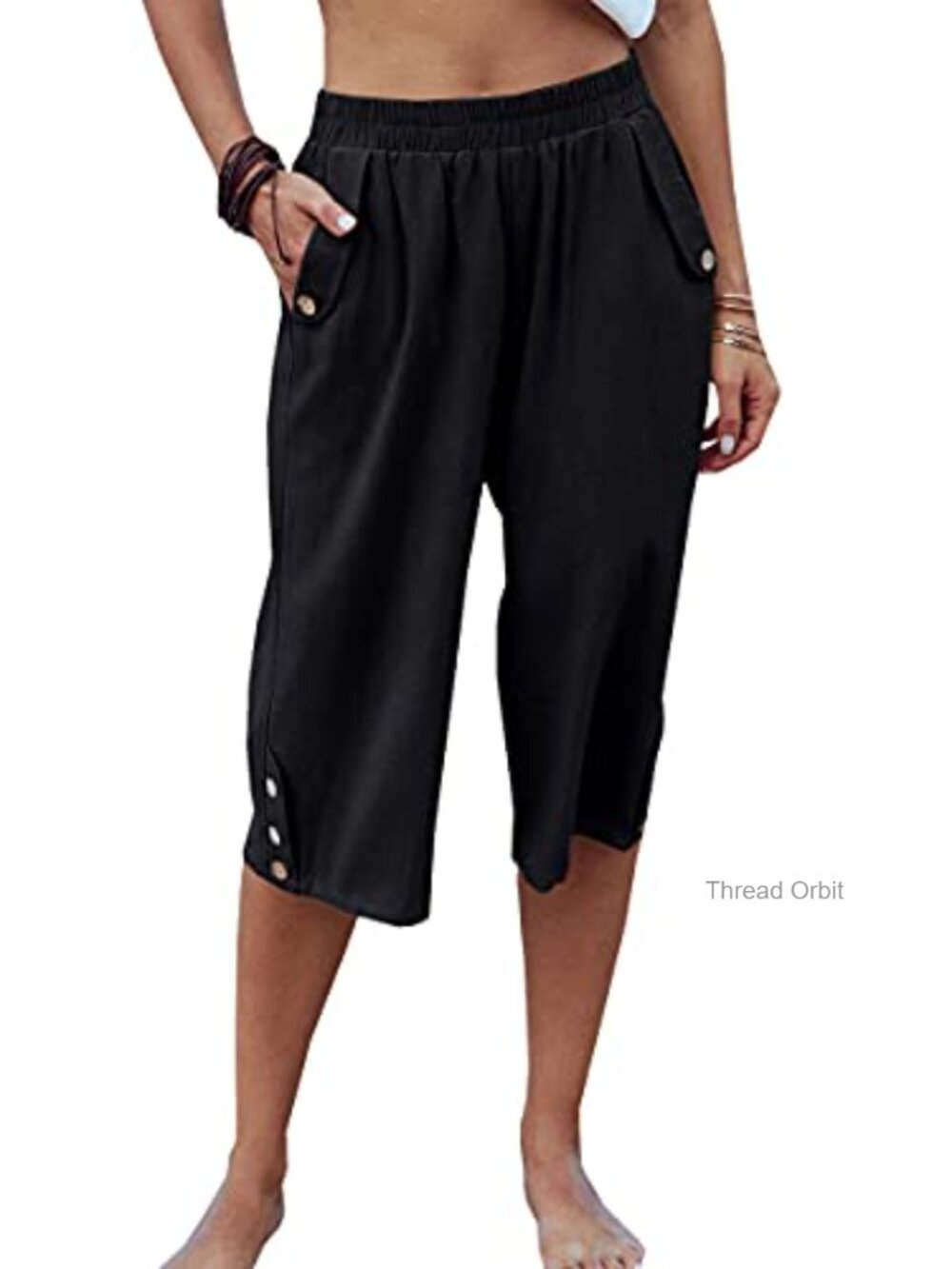 Women's Elastic Waist 3/4 Capri Harem Pants with Pockets Cotton Yoga Trousers